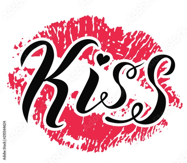 Fototapeta Kiss me lettering text on white background with lipstick print. Romantic print. Handmade brush calligraphy vector illustration. Kiss me vector design for poster, logo, card, banner, postcard and print