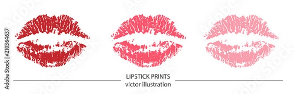 Fototapeta Set of red and pink lipstick prints on white background. Romantic print with lips. Realistic vector illustration. Kissing lips vector design for poster, decoration, logo, card, banner, postcard, print