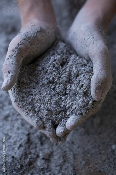 Fototapeta ashes in hands, ashes pour through fingers of hands