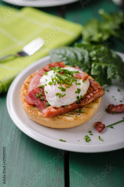 Fototapeta Egg benedict delish food, crispy bacon