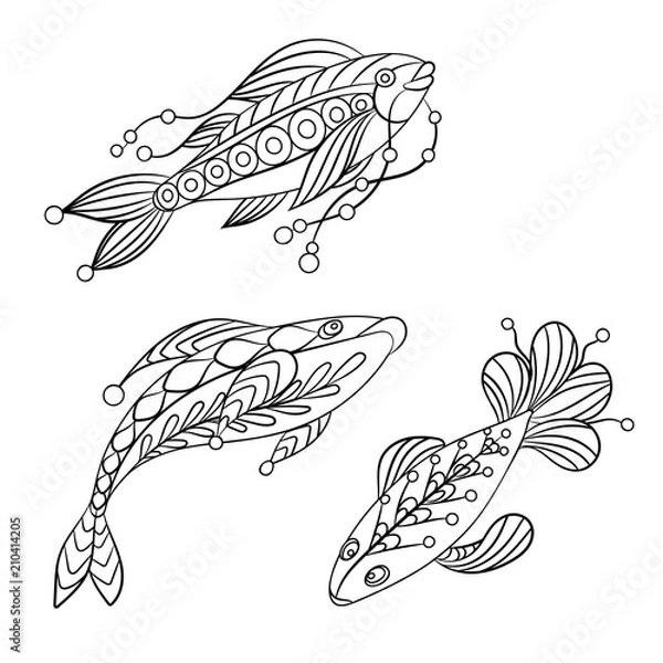 Obraz Coloring pages for children and adults with set of ocean fishes in vector illustration in ornament