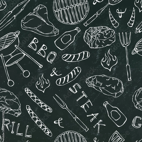 Fototapeta Seamless Pattern of Summer BBQ Grill Party. Steak, Sausage, Barbeque Grid, Tongs, Fork, Fire, Ketchup. Black Board Background and Chalk. Hand Drawn Vector Illustration. Cute Doodle Style.