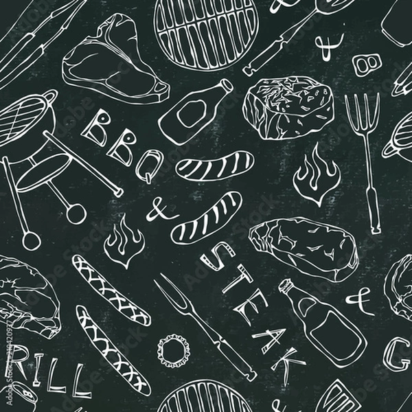 Fototapeta Seamless Pattern of Summer BBQ Grill Party. Steak, Sausage, Barbeque Grid, Tongs, Fork, Fire, Ketchup. Black Board Background and Chalk. Hand Drawn Vector Illustration. Doodle Style.