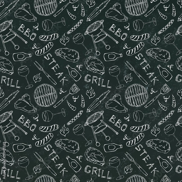 Fototapeta Seamless Pattern of Summer BBQ Grill Party. Glass of Red, Rose and White Wine, Steak, Sausage, Barbeque Grid. Black Board Background and Chalk. Hand Drawn Vector Illustration. Doodle Style.