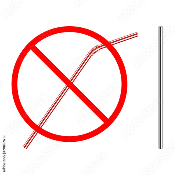 Fototapeta refusal of disposable plastic drinking straw in favor of reusable metallic drinking straw, stop sign on white background, ban plastic drinking straw, stock vector illustration