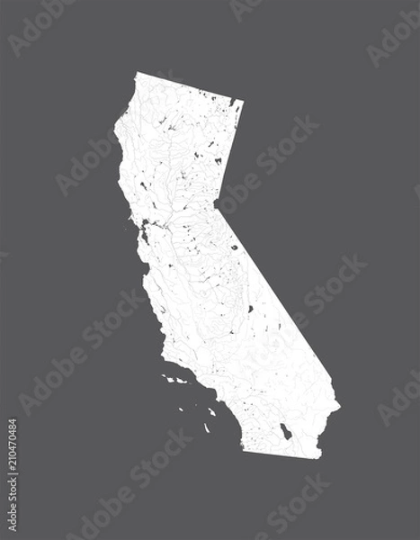 Fototapeta U.S. states - map of California. Please look at my other images of cartographic series - they are all very detailed and carefully drawn by hand WITH RIVERS AND LAKES.