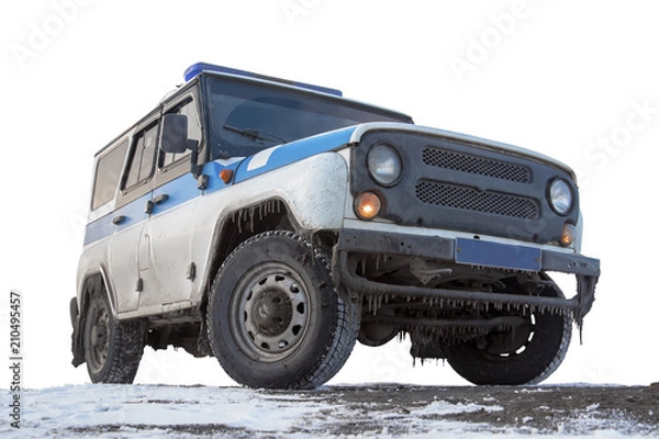 Obraz Dirty cop SUV on the ground. Isolated.