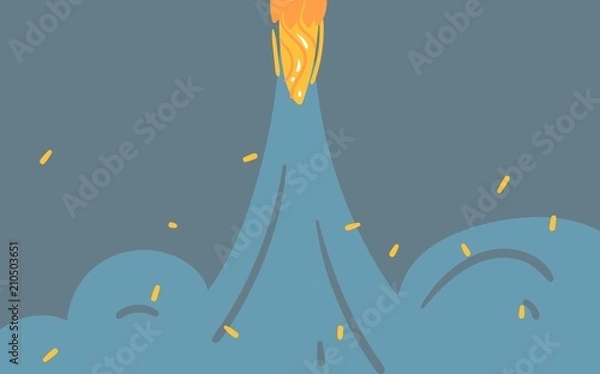 Fototapeta Hand drawn vector abstract graphic creative cartoon illustrations card template with spaceship in cosmos galaxy isolated on blue pastel background