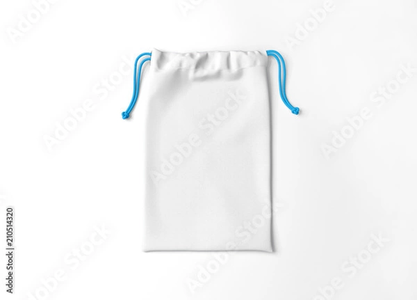 Obraz White drawstring bag on white background. Fabric cotton small bag. Isolated pouch.