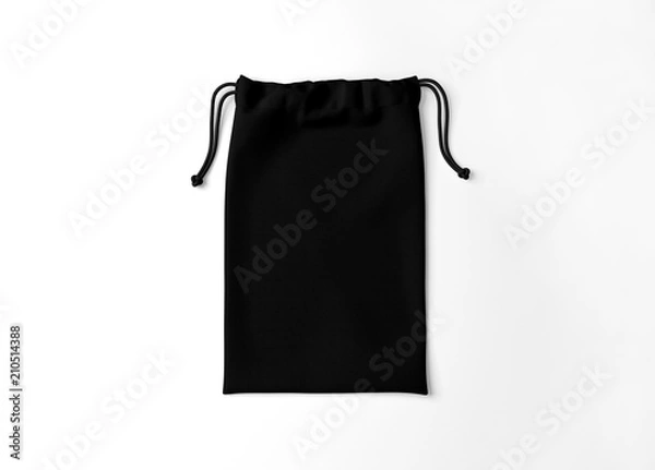Obraz Black drawstring bag on white background. Fabric cotton small bag. Isolated pouch.