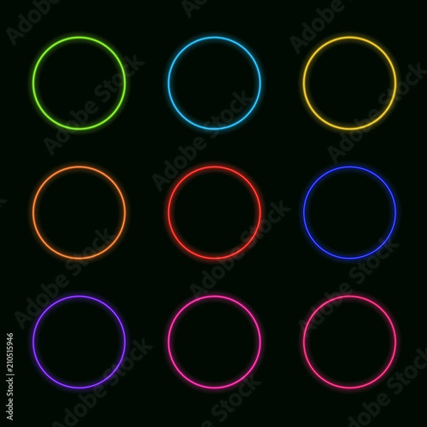 Fototapeta Vector Set of Neon Circles: Rainbow Colors Round Shapes Glowing.