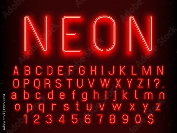 Obraz Bar or Casino glowing sign elements. Red neon letters and numbers with fluorescent light vector illustration