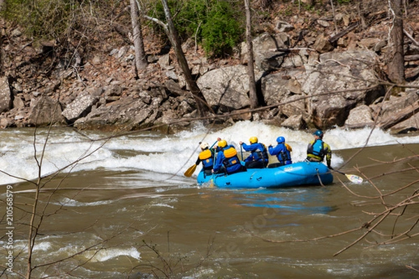 Fototapeta Rafters braving white water rapids in the early spring in a blue inflatable boat.