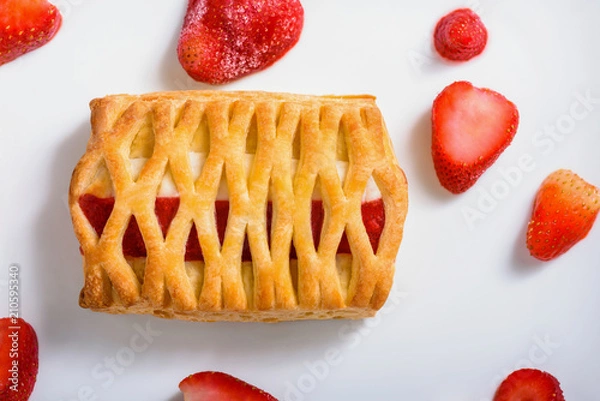 Obraz Close up view of puff pastry with pieces of strawberries on a white plate