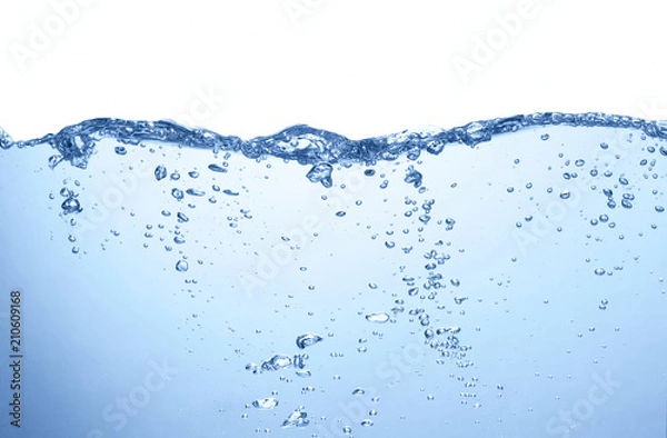 Obraz water surface with splashes and air bubbles on white background