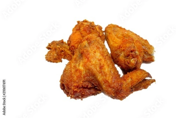 Obraz Top view fried chicken wings drumstick isolated on white background. Space for text in template. 
