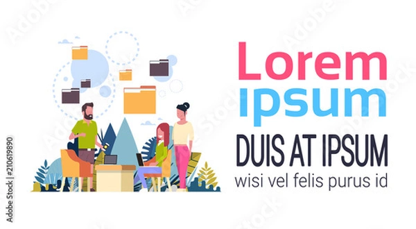 Obraz folder bubbles database man woman communication data privacy concept background flat copy space banner vector illustration