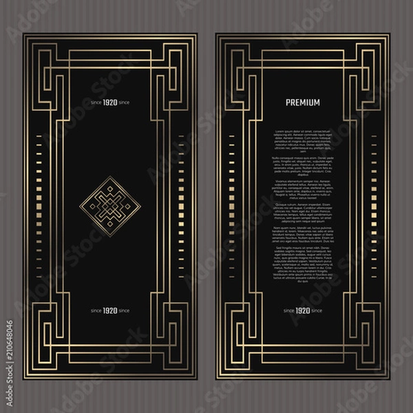 Fototapeta Vector card. Art Deco style. Dark golden geometric frame on black background. Luxury menu concept with logo.