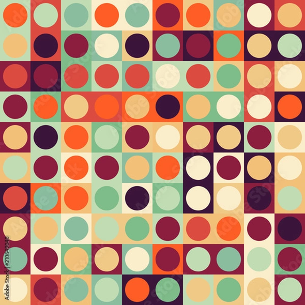 Fototapeta Seamless pattern retro design. Modern textile print with random colored circles and squares. Vector fashion background.