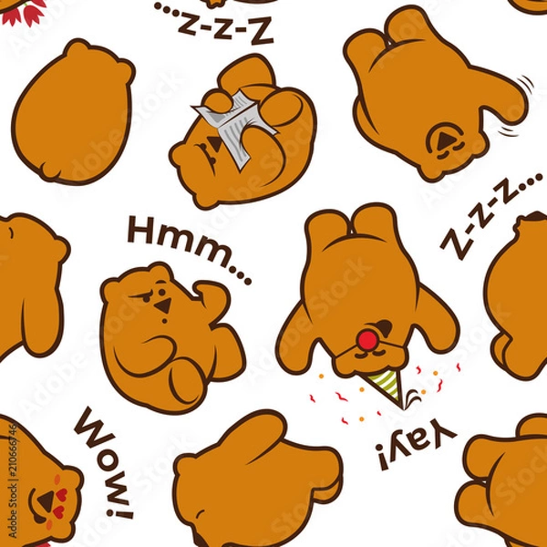 Obraz Seamless pattern with cute funny bears - reading, thinking, celebrating, sleeping and saying Hello brown bears in different poses on white background.