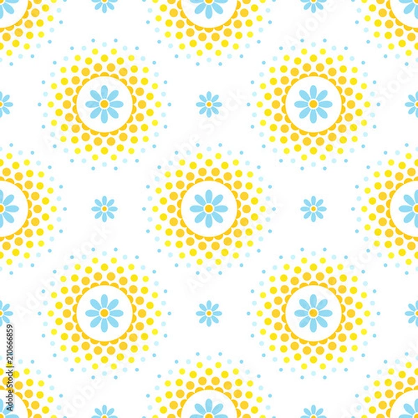 Fototapeta Seamless pattern with blue flowers and orange and yellow halftone circle frame on white background