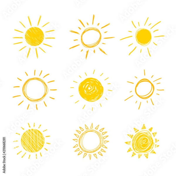 Fototapeta Vector Doodle Sun, Set of Hand Drawn Funny Icons Background,.