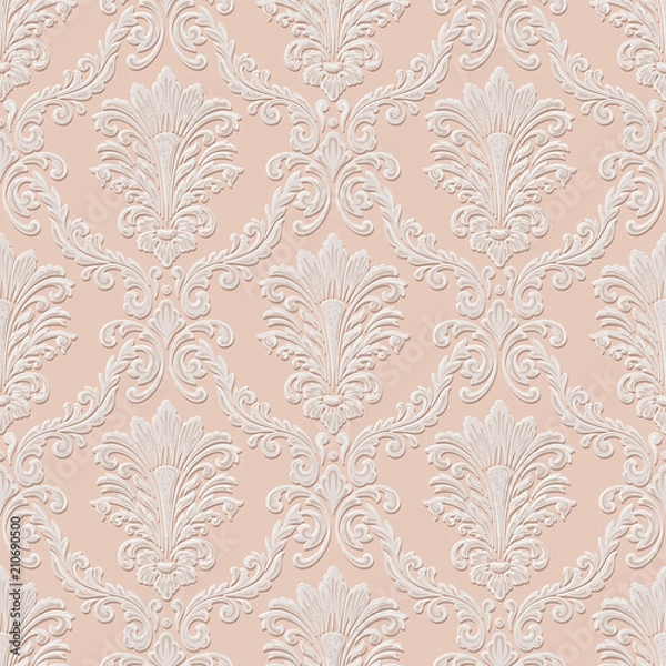 Fototapeta Vector volumetric damask seamless pattern background. Elegant luxury embossed texture for wallpapers, backgrounds and page fill. 3D elements with shadows and highlights.