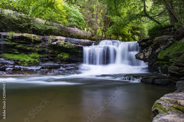 Fototapeta A forest waterfall with motion and wide pool in front.