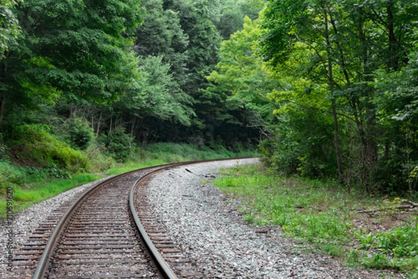 Fototapeta Train tracks lead into a curve or bend in the forest of West Virginia.
