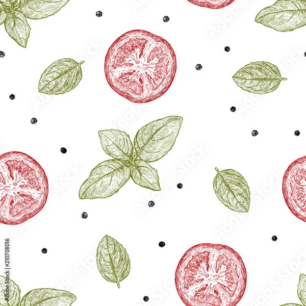 Fototapeta Italian cuisine. Ingredient, basil, tomato and pepper seamless pattern vector.