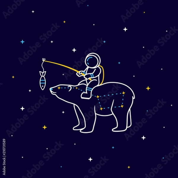 Fototapeta Funny cartoon astronaut sits on the constellation of a Great Bear in space with stars around