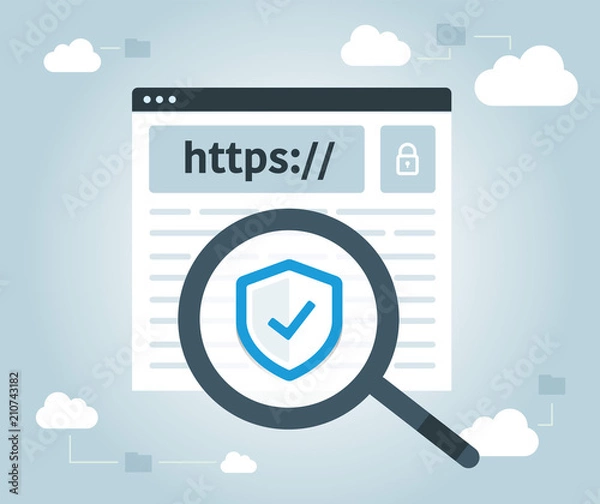 Fototapeta Magnifying glass. Data protection and internet security. https, website, web secure, cloud