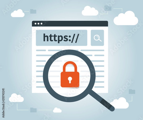 Fototapeta Data protection and internet security. https, website, web secure, cloud. Magnifying glass.