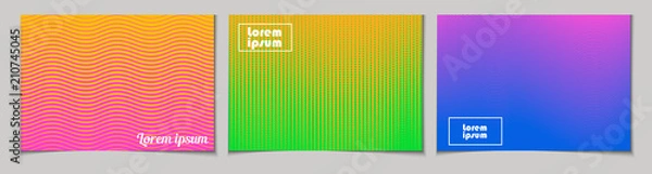 Fototapeta Zestaw poziome abstrakcyjne tła z wzorem rastra w neonowych kolorach. Kolekcja gradientowych tekstur z ornamentem geometrycznym. Szablon projektu ulotki, banera, okładki, plakatu