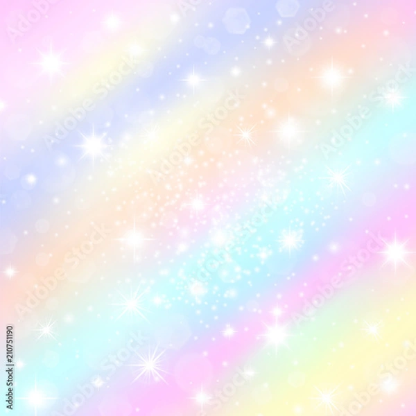 Fototapeta Vanilla sky sundogs morning pastel rainbow tints background with shining stars. Sparkling stardust glitter for princess celebrations posters and banners. Dreamy holographic mood banner.