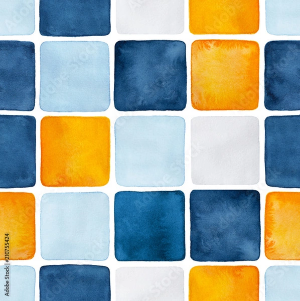 Obraz Seamless pattern of dark, light blue and orange colored watercolour squares. Handdrawn water colour graphic gradient paint on white backdrop. For design, wallpaper, web sites, banners, decoration.