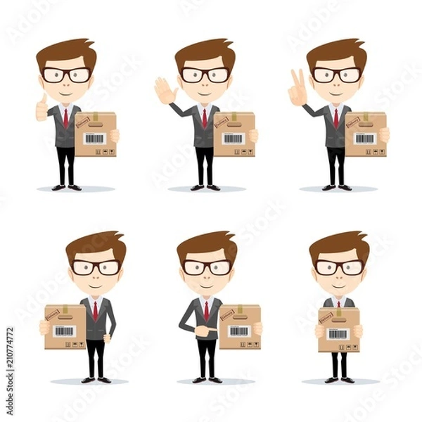 Fototapeta set of funny cartoon office worker in various poses for use in presentations, etc.Businessman in different poses . Full length, front view against white background. Stock flat vector illustration.