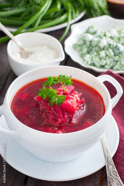 Obraz Vegetarian borsch with fresh herbs in a white serving plate, selective focus