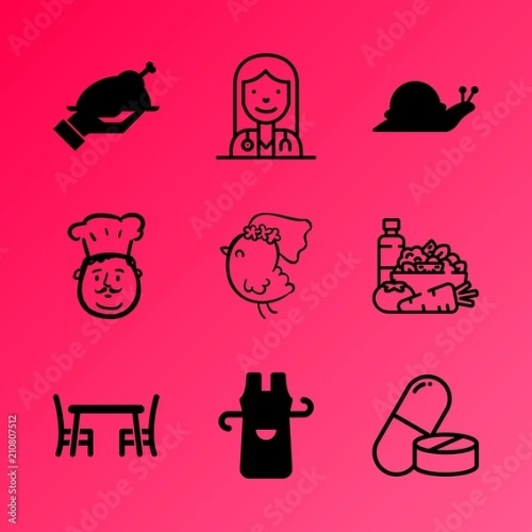 Fototapeta Vector icon set about kitchen with 9 icons related to diet, avocado, vintage, farm, rural, material, clean, scale, onion and weight