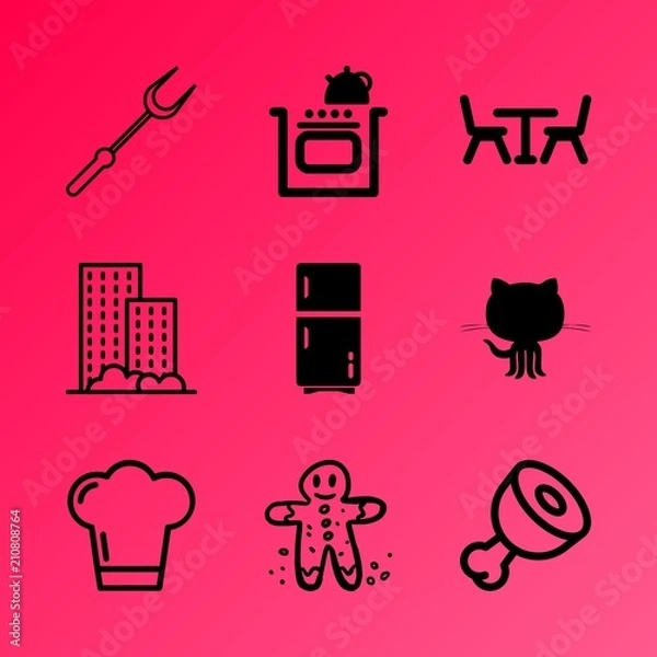 Fototapeta Vector icon set about kitchen with 9 icons related to town, biscuit, butchery, mansion, ginger, studio, hot, doodle, small and restaurant