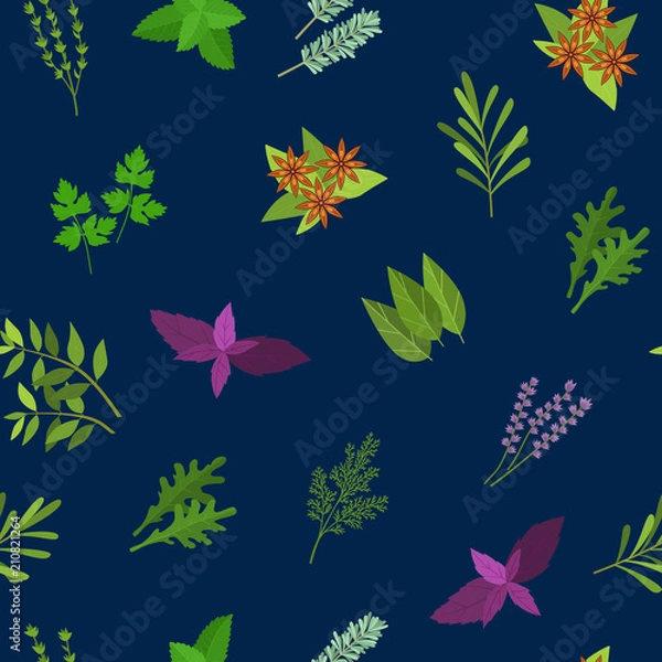Obraz Cartoon Color Herbs Spices Seamless Pattern Background. Vector