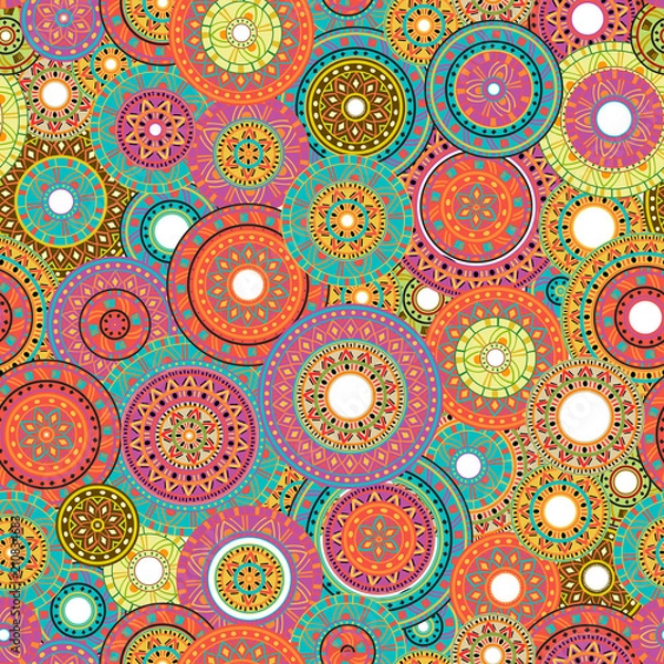 Fototapeta Bezszwowe patchworkowy wzór z okręgami z plemiennym ornamentem geometrycznym. Etniczny wzór tkaniny, nadruku, papieru do pakowania, karty, zaproszenia, tapety. Ilustracji wektorowych