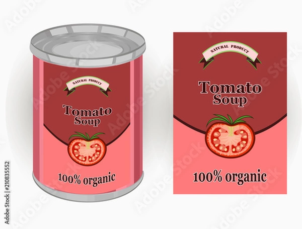 Fototapeta Vector illustration of a tomato soup canned in a tin can