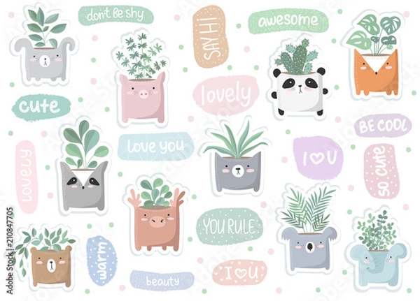 Fototapeta Vector set of cute stickers with house plant in funny animal pot