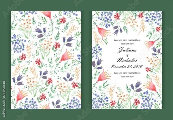 Fototapeta Watercolor flower  background border. Invitation card for a birthday or wedding. Floral patterns. Size: 5" x 7".  The front and back side. Red tulips, chamomile, leaves. Summer ornament.