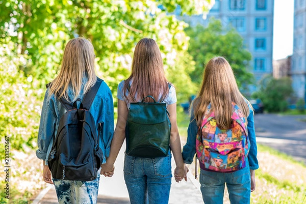 Fototapeta Three teenage girls. They hold each other's hands. Returns home after school. Summer in nature. Behind backpacks. Back view. The concept of school girlfriends.