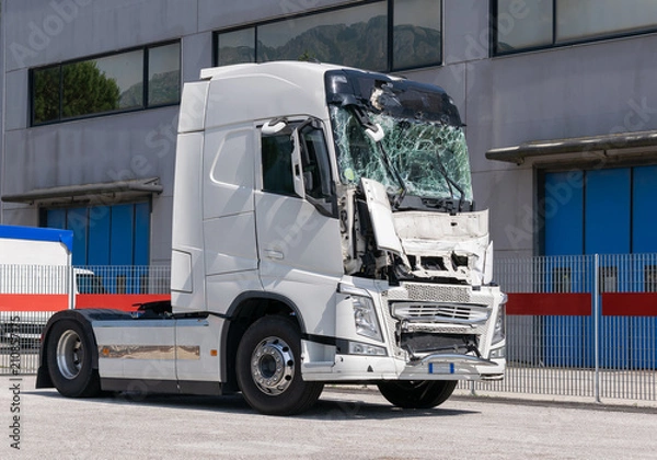 Obraz lorry crashed windshield. camion after the accident. broken truck
