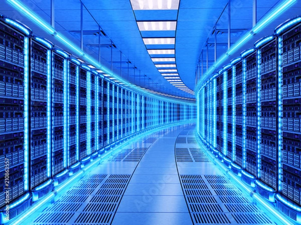 Obraz Network and internet communication technology concept, data center interior, server racks with telecommunication equipment in server room