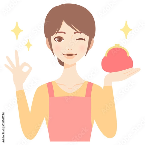 Obraz がま口財布を持つやりくり上手な若い主婦　エプロン　美人　フラット　イラスト