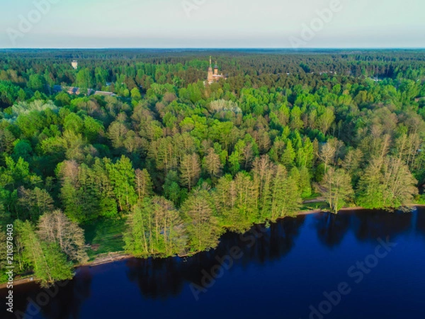 Fototapeta high view of the Gulf of Finland, forest and Islands at sunset